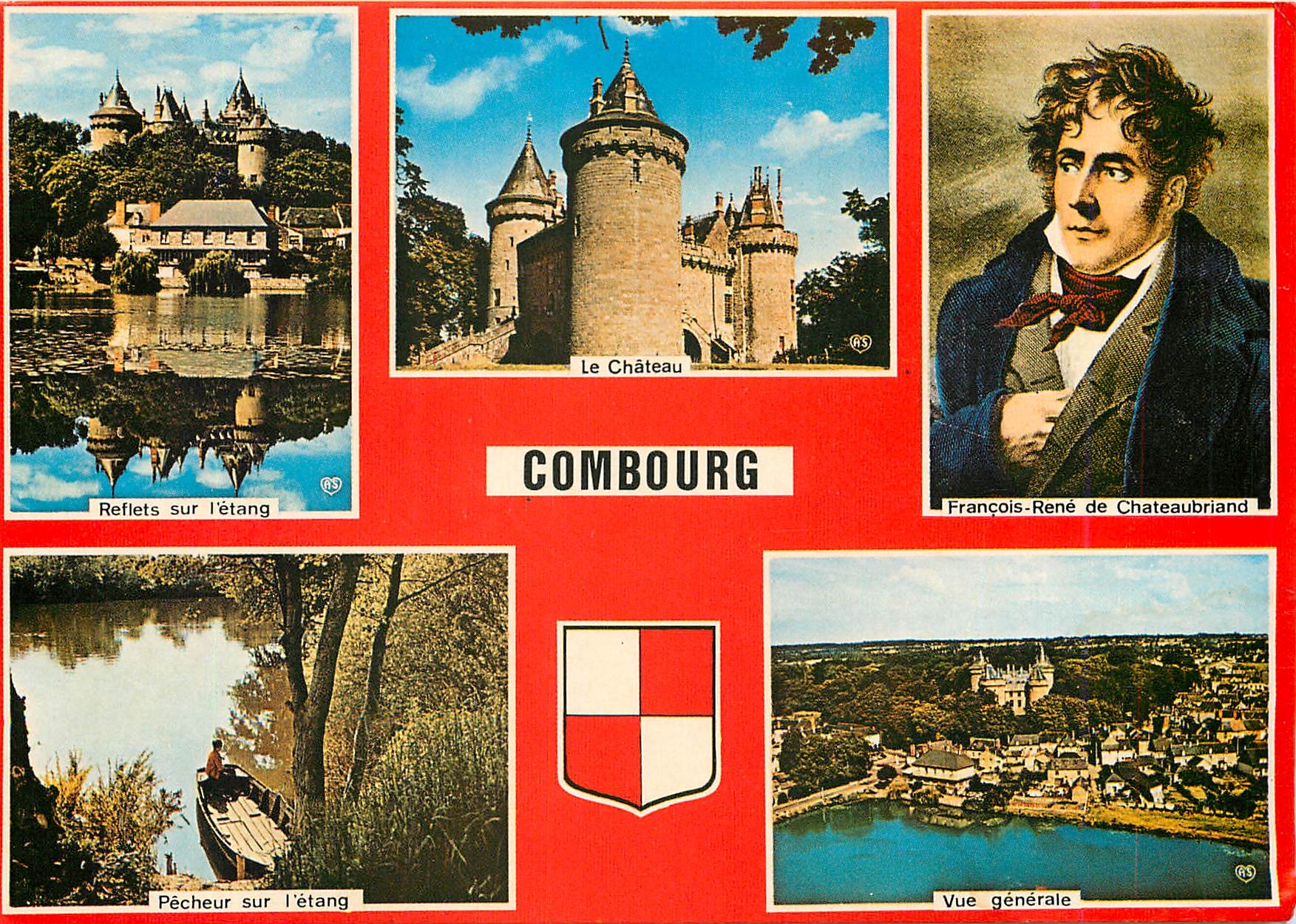 Combourg — Vue du château, reflets, pêcheur, vue générale et portrait de Chateaubriand — ArtAUD Frères, Nantes