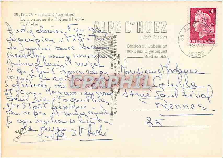 La montagne de Prégentil et le Taillefer — Alpe d'Huez — Éditions 'La Vigne' (Série 38.191.70) — Rückseite