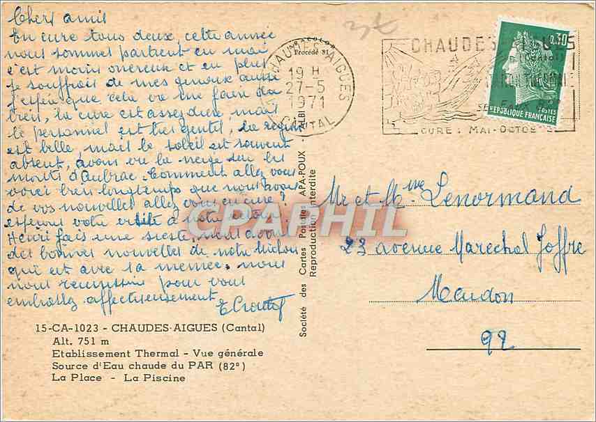 CPM Chaudes Aigues Cantal Etablissement Thermal Vue generale Source d'Eau chaude du Par  — Rückseite