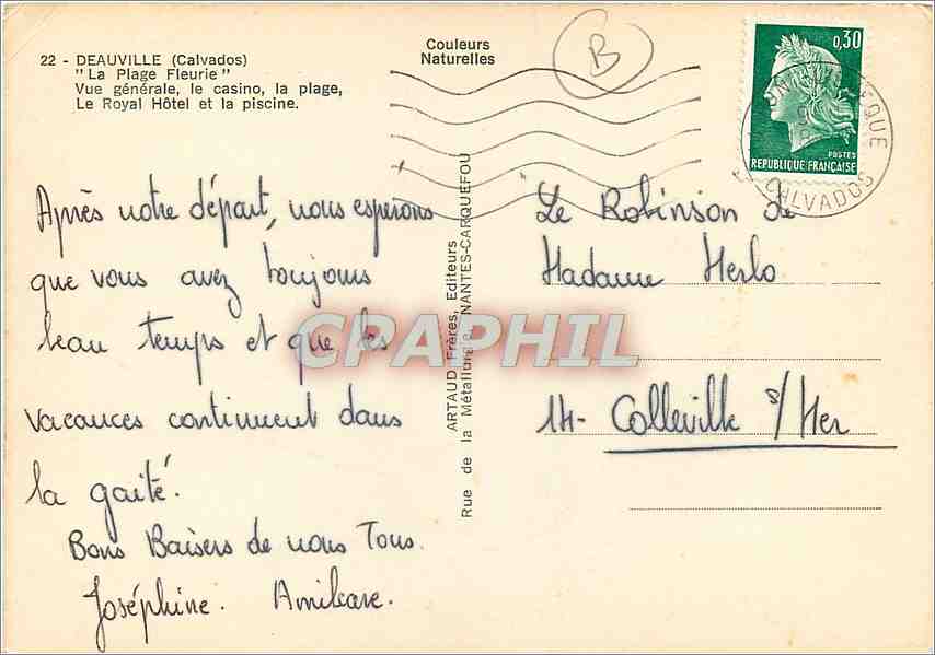 Deauville (Calvados) — Vue générale, plage, casino, Le Royal Hôtel et piscine — Couleurs Naturelles, éditeur Artaud Frères, N°22 — Verso