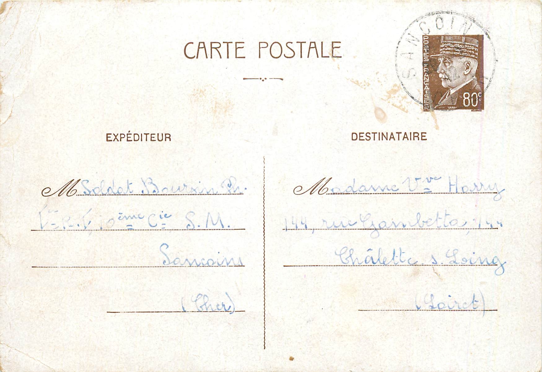 Entier Postal Petain 80c Sancoins pour Chalete sur Loing Harry