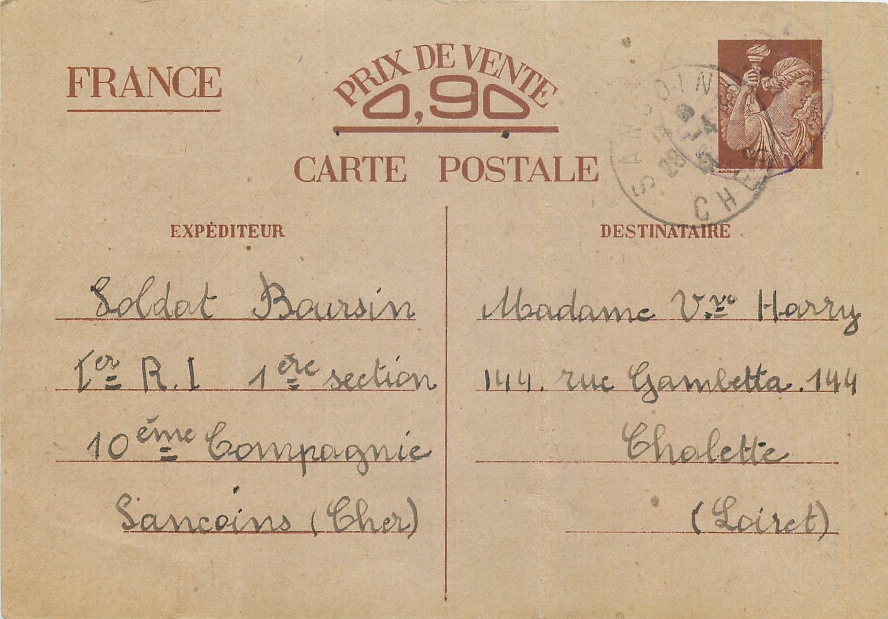 Entier Postal Iris Sancoins pour Harry Chalette sur Loing