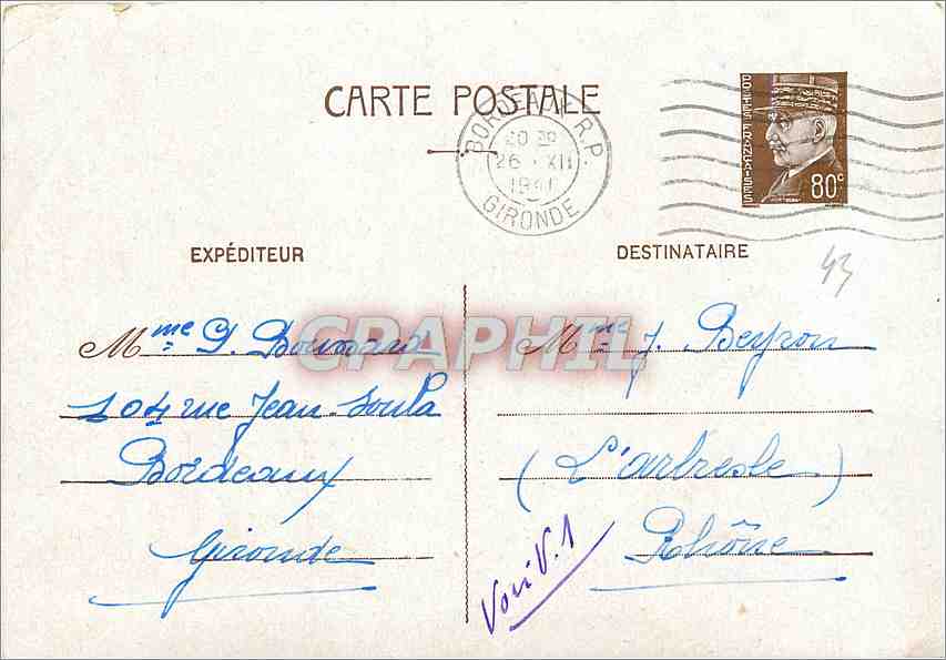 Entier Postal Petain 80c Bordeaux pour Beyron L'Arbresle Rhone