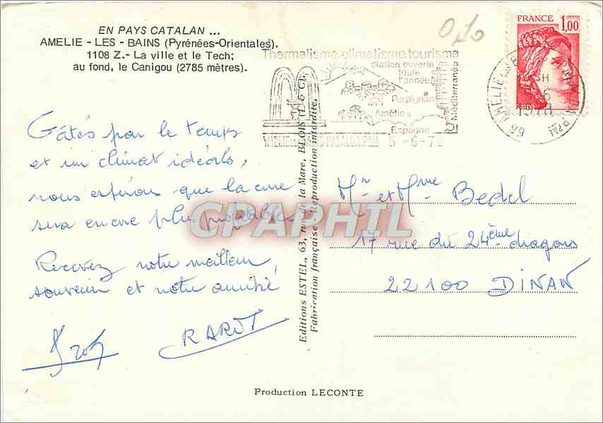 CPM Amelie les Bains Pyrenees Orientales La ville et le Tech au fond le Canigou  — Rückseite