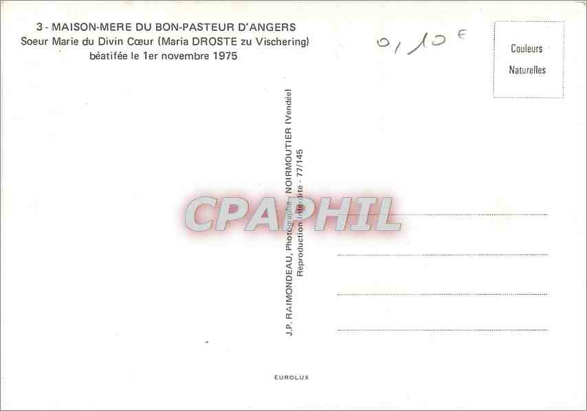 CPM Maison Mere du Bon Pasteur d'Angers Sœur Marie du Divin Cœur Maria Droste  — Rückseite