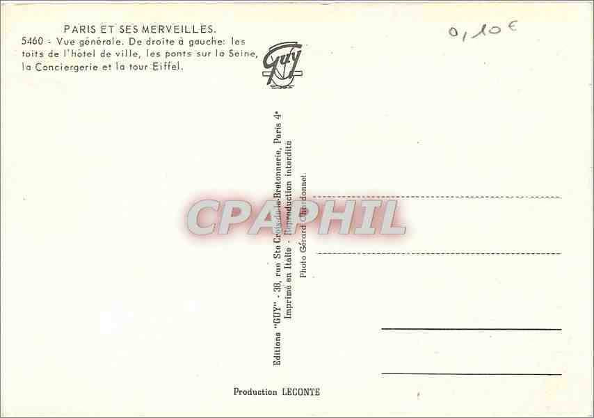 CPM Paris Vue generale De droite a gauche les toits de l'hotel de ville Tour Eiffel — Rückseite