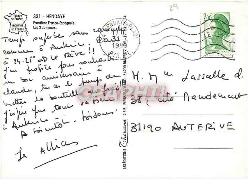 Les 2 Jumeaux — Frontière Franco-Espagnole — Éditions Chéouand, n°331 — Rückseite