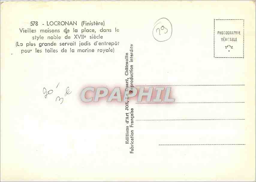 CPM Locronan Finistere Vieilles maisons de la place  — Rückseite