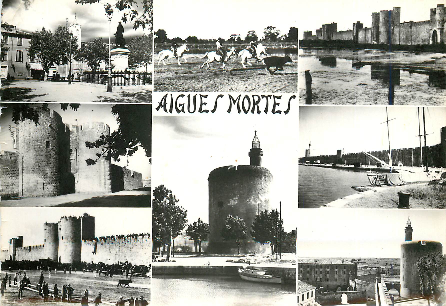 CPM Aigues Mortes Place St Louis Gardians et Taureaux Les Remparts Porte de la Gardette Tour de Cons