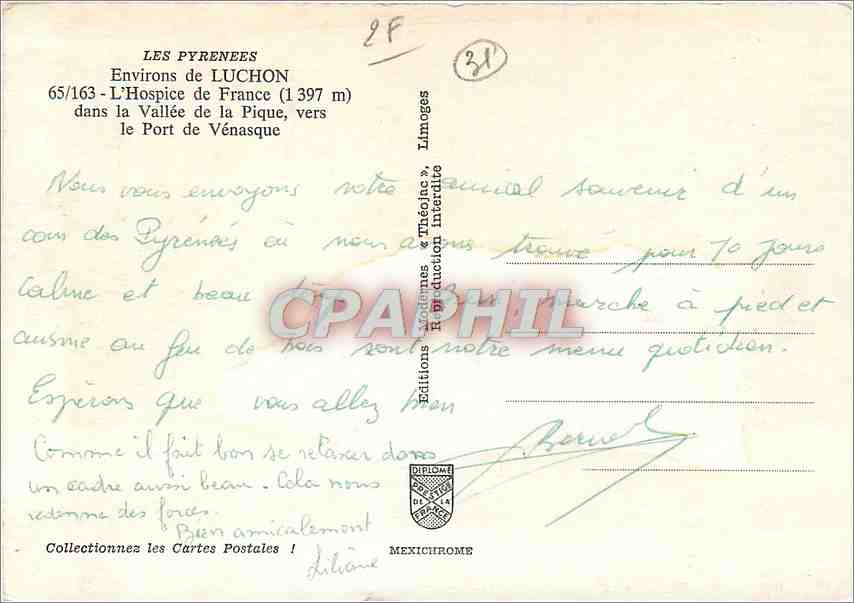 CPM Environs de Luchon L'Hospice de France dans la Vallee de la Pique vers le Port de Venasque  — Rückseite