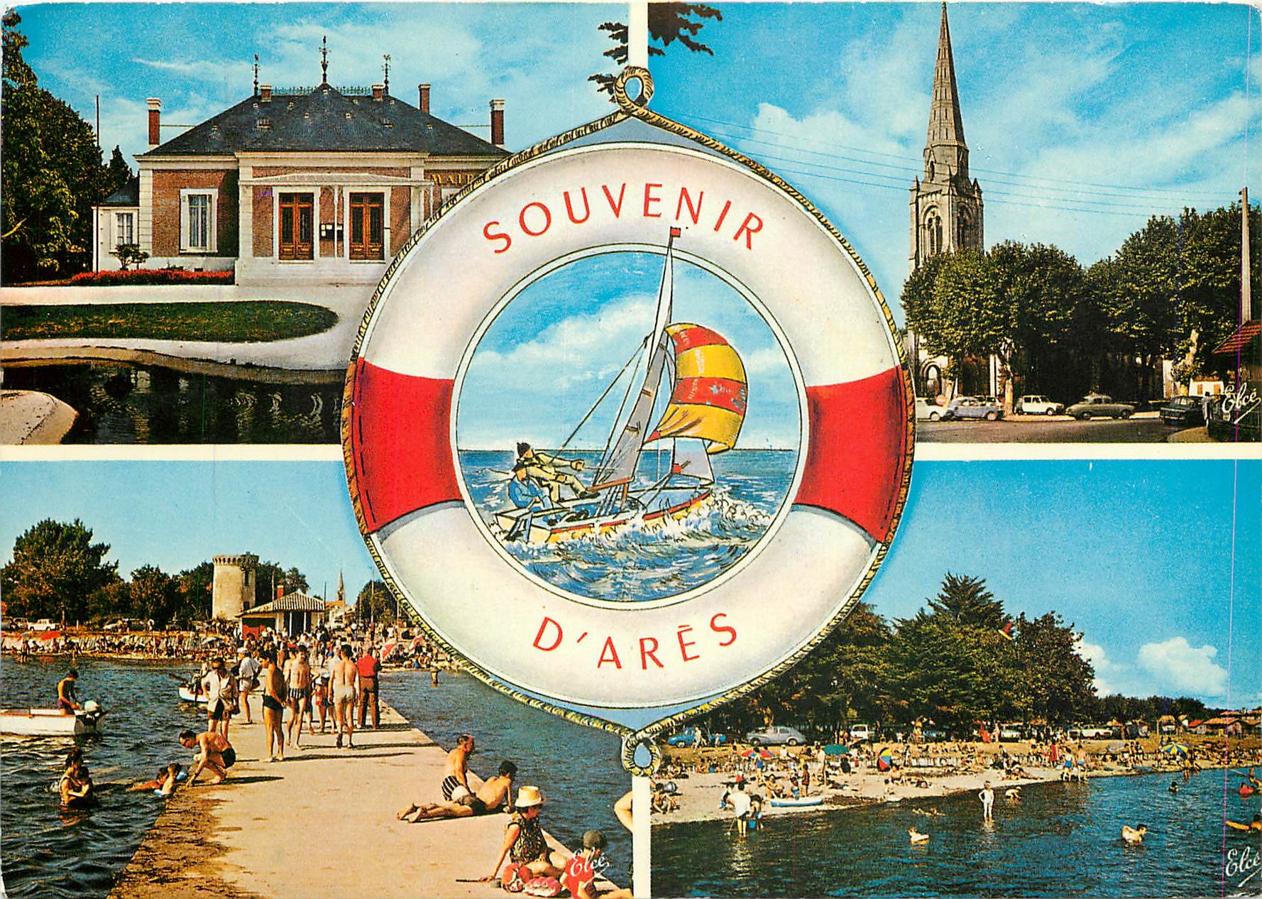 CPM Ares Gironde de gauche a droite La Mairie L'Eglise La Jetee et la Plage 