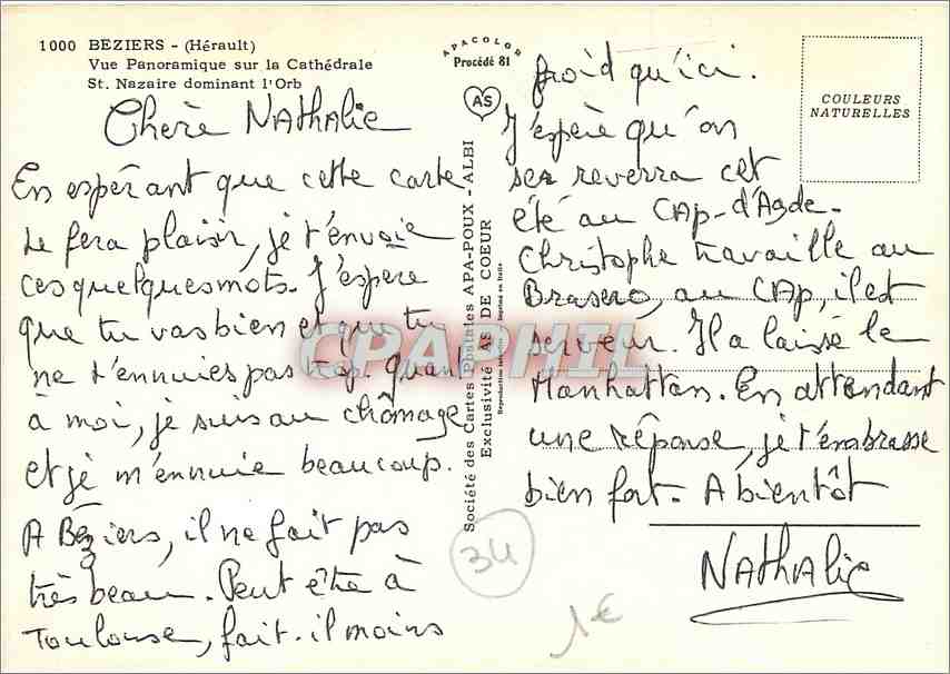 Beziers - Vue panoramique sur la Cathédrale St. Nazaire dominant l'Orb — Société des Cartes Postales APA-POUX & DE COEUR, Procédé 81 — Verso