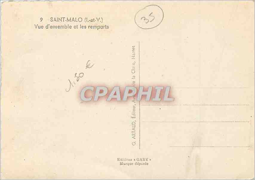 Saint-Malo (I.-et-V.) — Vue d'ensemble et les remparts — G. ARTAUD, Éditions « GABY » — Verso