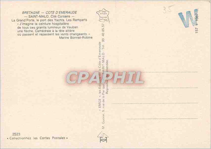 Saint-Malo — Le port des Yachts, Les Remparts — Éditeur Emge, n°2523 — Verso
