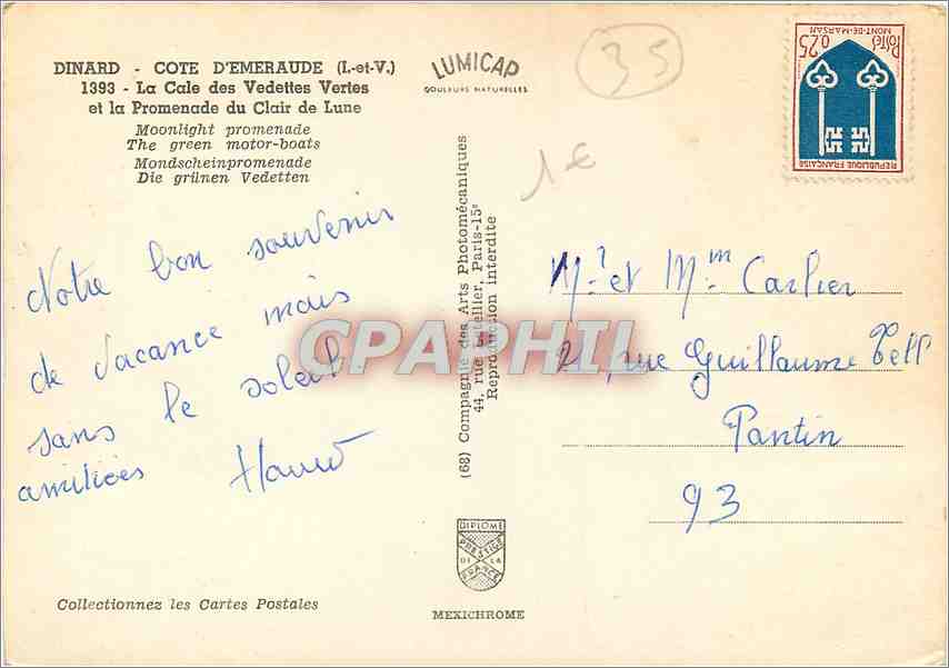 CPM Dinard Cote d'Emeraude I et V La Cale des Vedettes Vertes et la Promenade du Clair de Lune  — Rückseite