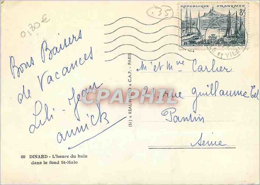 Dinard - L'heure du bain dans le fond St-Malo — C.A.P. (51) & Real-Photo — Rückseite