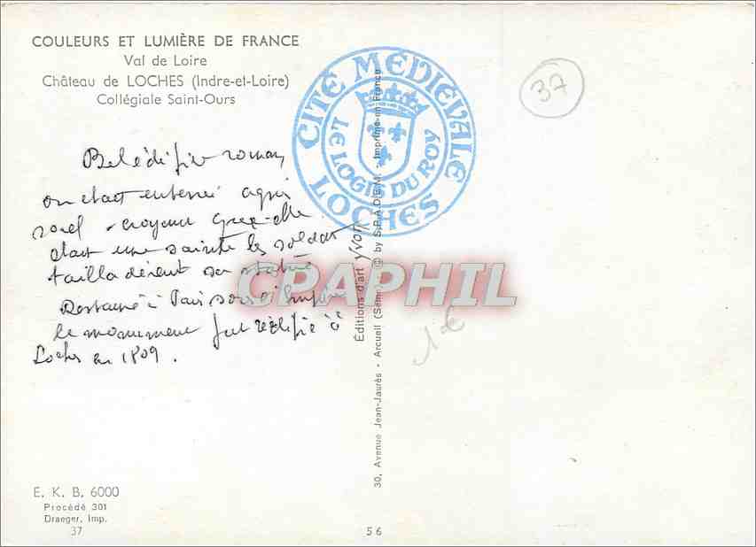CPM Val de Loire Chateau de Loches Indre et Loire Collegiale Saint Ours  — Rückseite