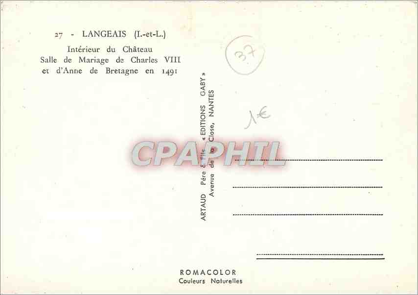 CPM Langeais I et L Interieur du Chateau Salle de Mariage de Charles VIII et d'Anne de Bretagne  — Verso