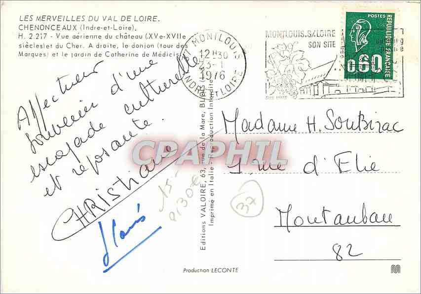 CPM Chenonceaux Indre et Loire Vue aerienne d chateau et du cher A droite le donjon et le jardin de  — Verso