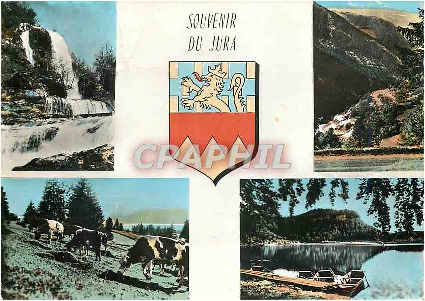 Souvenir du Jura — Cascade de l'Ain à Bourg-de-Sirod, Les Lacs de Septmoncel, Pâturages dans le Haut-Jura, Le Lac de Bonlieu — Édition du Parlement de Dole