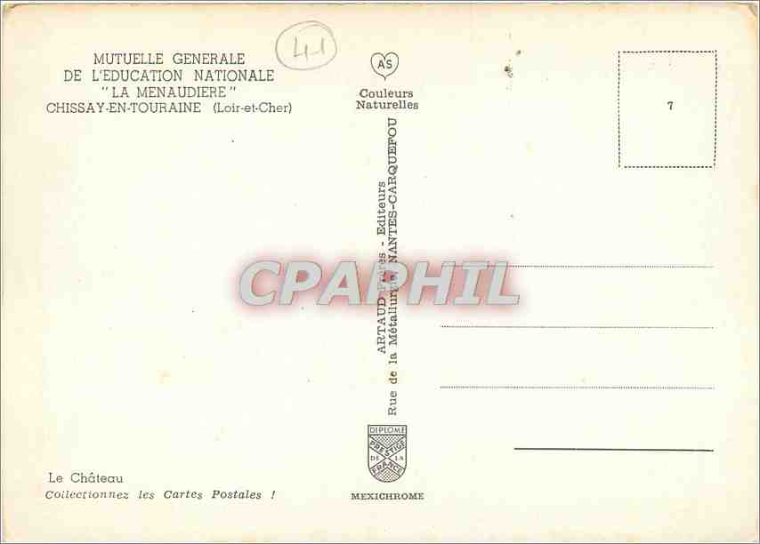 CPM Mutuelle Generale de l'Education Nationale La Menaudiere Chissay en Touraine Loir et Cher  — Verso