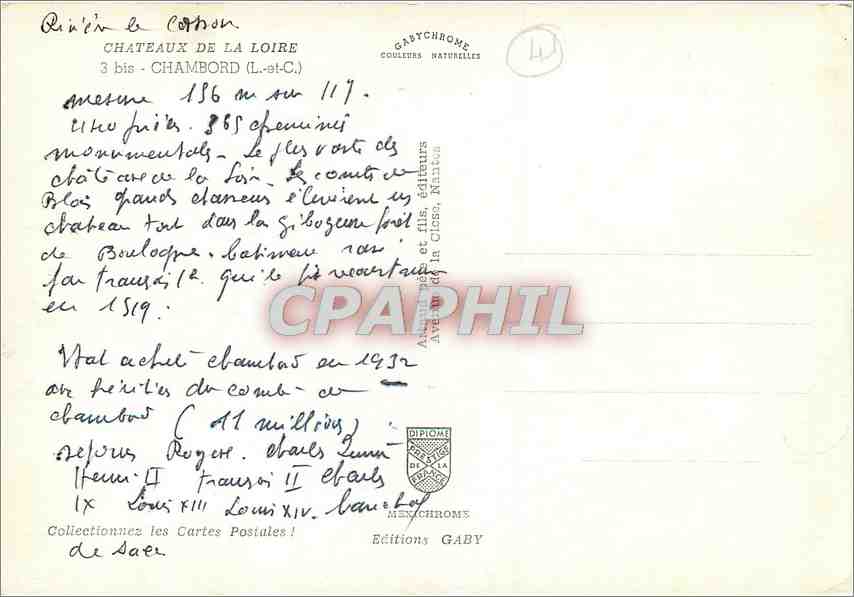 CPM Chateaux de la Loire Chambord L et C  — Rückseite