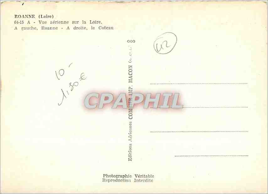 CPM Roanne Loire Vue aerienne sur la Loire A gauche Roanne A droite le coteau  — Back