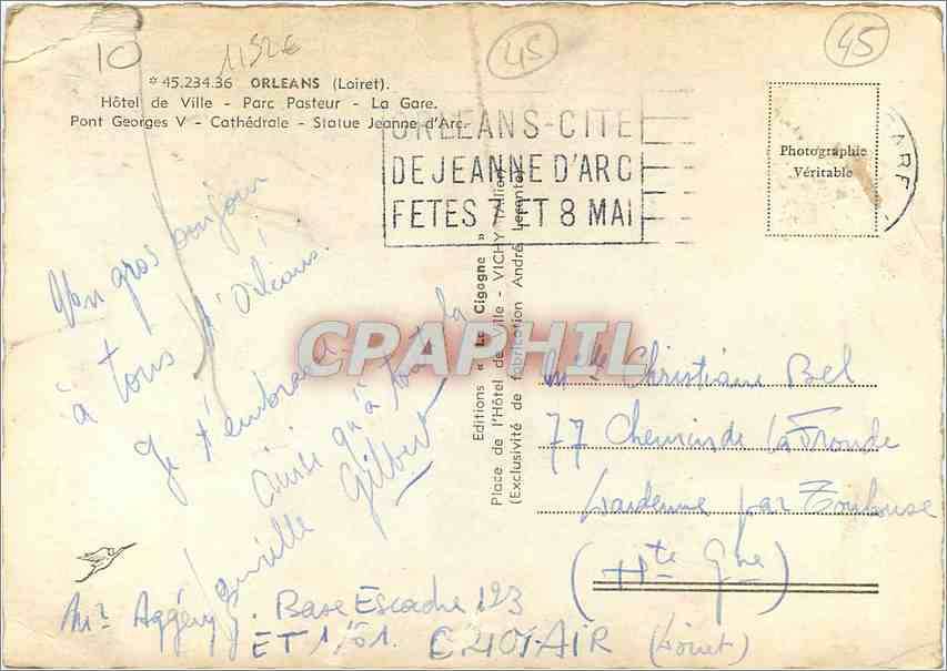 CPM Orleans Loiret Hotel de Ville Parc Pasteur La Gare Pont Georges V Cathedrale Statue Jeanne d'Arc — Verso