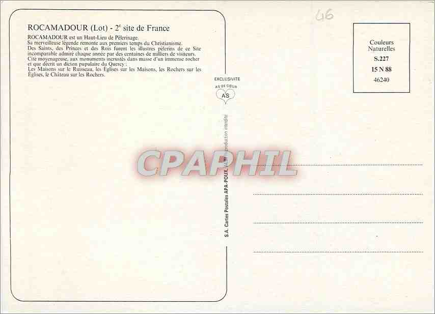 Rocamadour — site de pèlerinage — S.A. Cartes Postales APA-POUX, série S.227 — Reverso