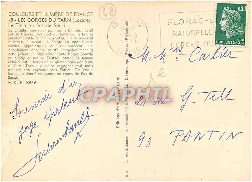 CPM Les Gorges du Tarn Lozere Le Tarn au Pas de Souci  — Rückseite