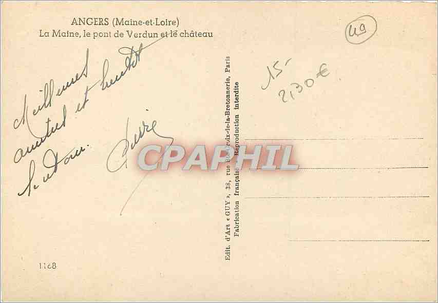 CPM Angers Maine et Loire La Maine le pont de Verdun et le chateau  — Rückseite