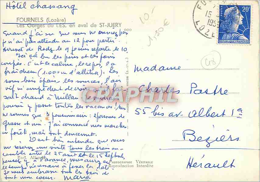 CPM Fournels Lozere Les Gorges du Les en aval de St Juery  — Rückseite