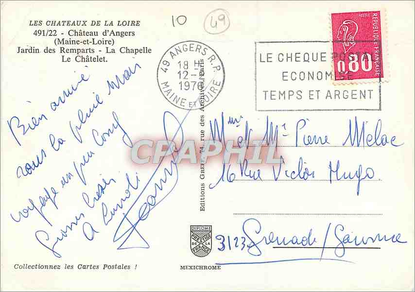 CPM Chateau d'Angers Maine et Loire Jardin des Remparts La Chapelle Le Chatelet  — Rückseite