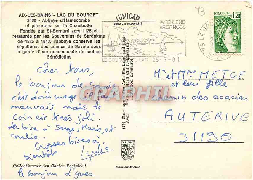 CPM Aix les Bains Lac du Bourget Abbaue d'Hautecombe et panorama sur la Chambotte  — Rückseite