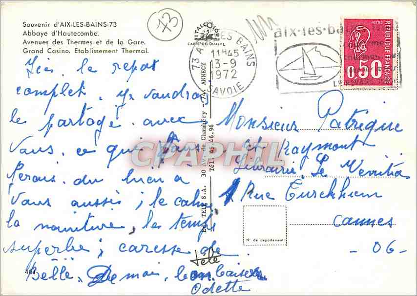 CPM Souvenir d'Aix les Bains Abbaye d'Hautecombe Avenues des Thermes et de la Gare  — Rückseite