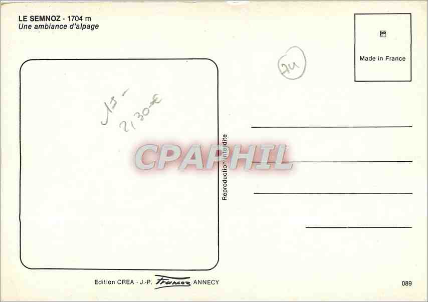 Hôtel de Semnoz — Alpes françaises — Édition CREA J.-P. Francœur, Annecy — Verso