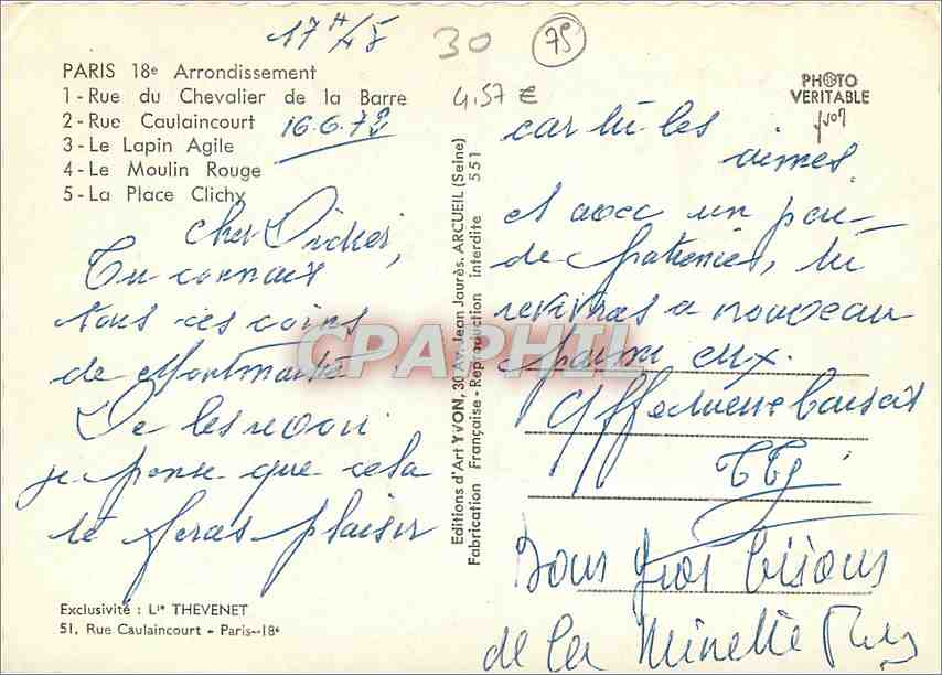 CPM Paris Arondissement Rue du Chevalier de la Barre Rue Caulaincourt Le Lapin agile Le Moulin Rouge — Rückseite