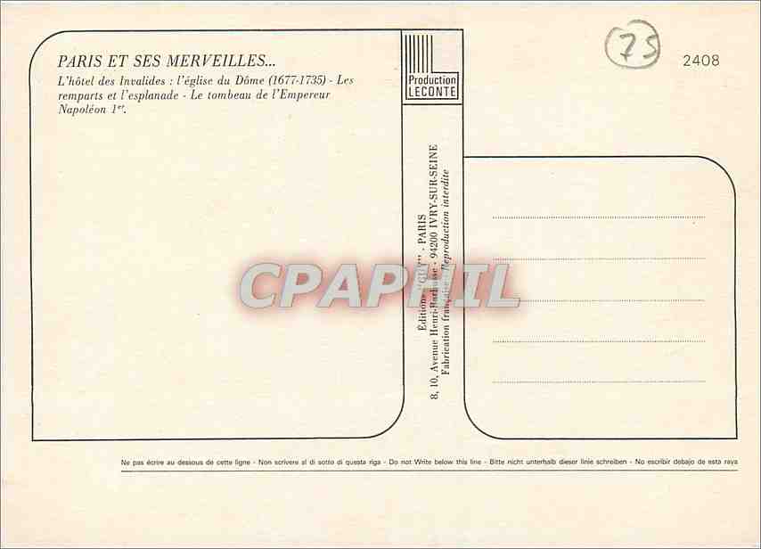 CPM Paris L'Hotel des Invalides L'Eglise du Dome  — Rückseite