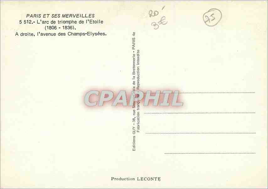 CPM Paris L'Arc de Triomphe de l'Etoile  — Rückseite