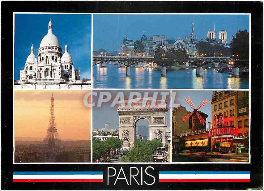 CPM Paris Le Sacre Coeur La Tour Eiffel La Seine L'Arc de Triomphe Le Moulin Rouge 