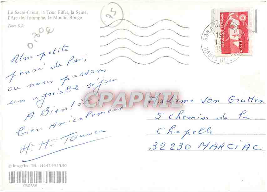 CPM Paris Le Sacre Coeur La Tour Eiffel La Seine L'Arc de Triomphe Le Moulin Rouge  — Rückseite