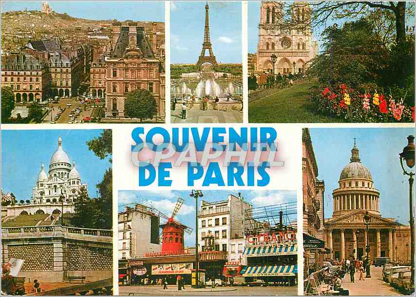 CPM Paris la Place des Pyramides et la Butte Montmartre La Tour Eiffel Notre Dame Le Sacre Coeur 