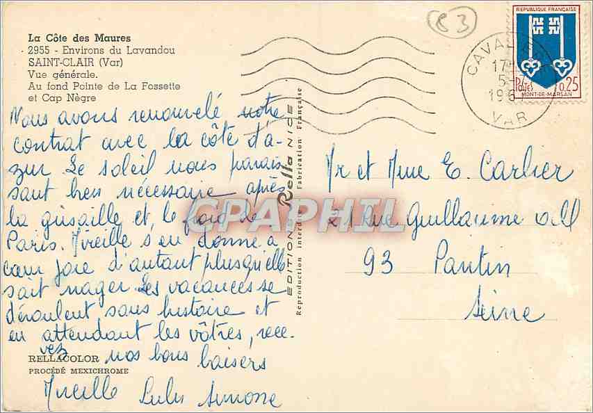 La Côte des Maures — Environ du Lavandou — Vue générale de La Fossette et Cap Nègre — Édition Reilla — Verso