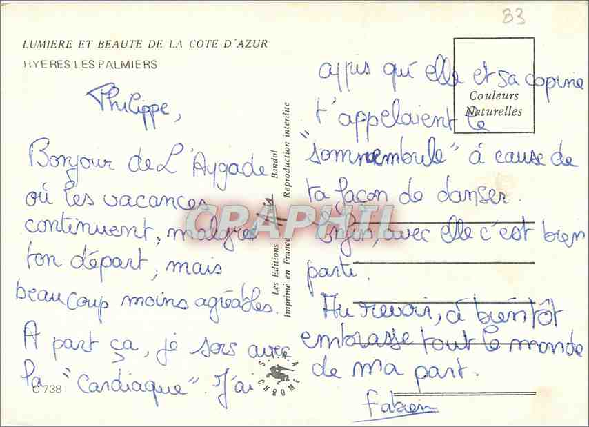 Hyères les Palmiers — vue panoramique, tour, porte, plage et marché — éditeur Les Éditions Bandol, n°738 — Reverso