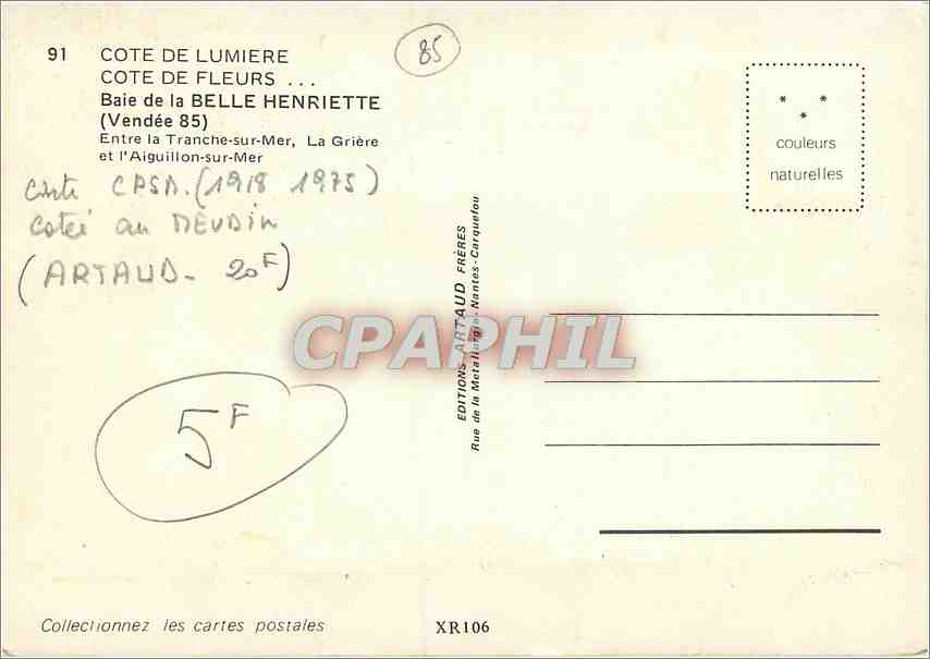 CPM Cote de Lumiere Cote de Fleurs Baie de la Belle Henriette Vendee  — Back