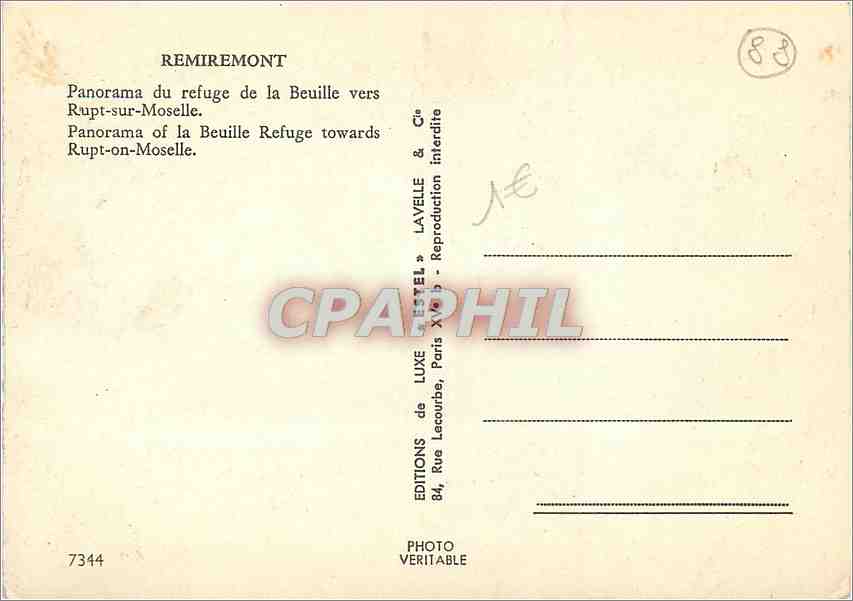 CPM Remiremont Panorama du refuge de la Beuille vers Rupt sur Moselle  — Rückseite