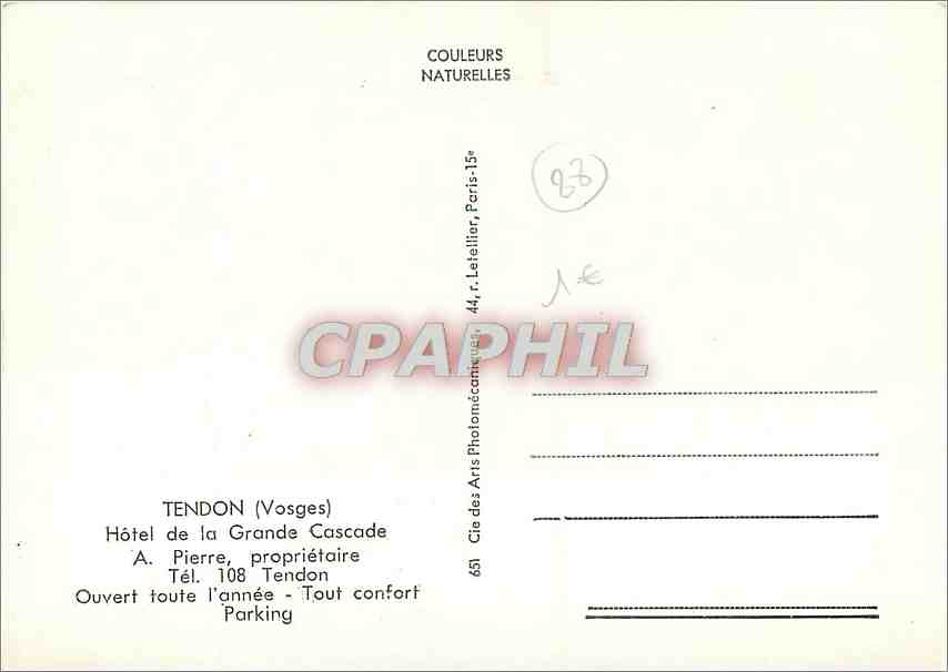 CPM Tendon Vosges Hotel de la Grande Cascade  — Verso