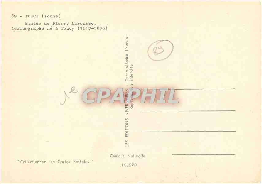 CPM Toucy Yonne Statue de Pierre Larousse lexicographe ne a Toucy Coop — Back