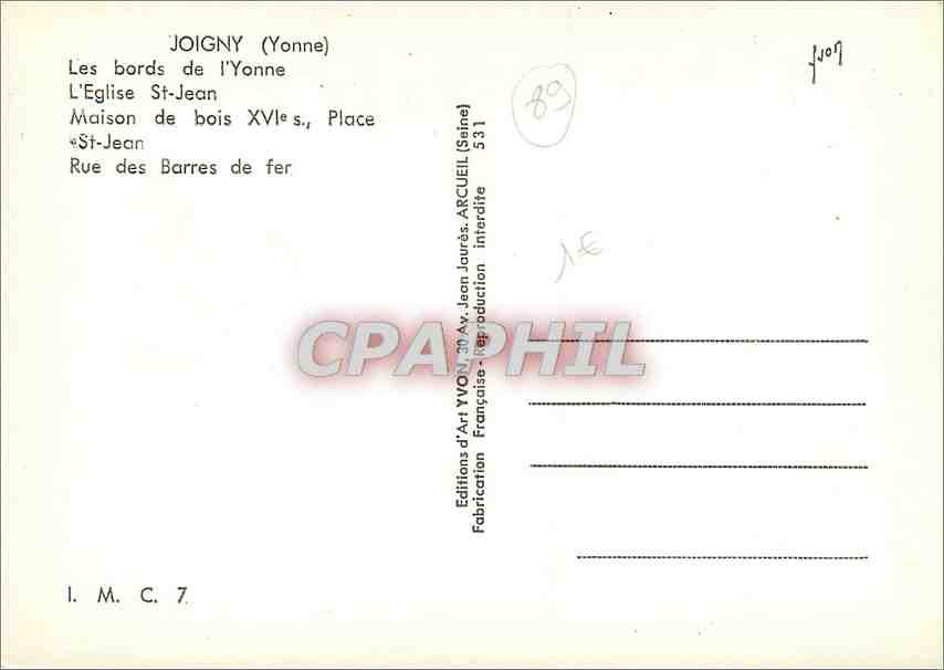 CPM Joigny Yonne Les bords de l'Yonne L'Eglise St Jean  — Rückseite