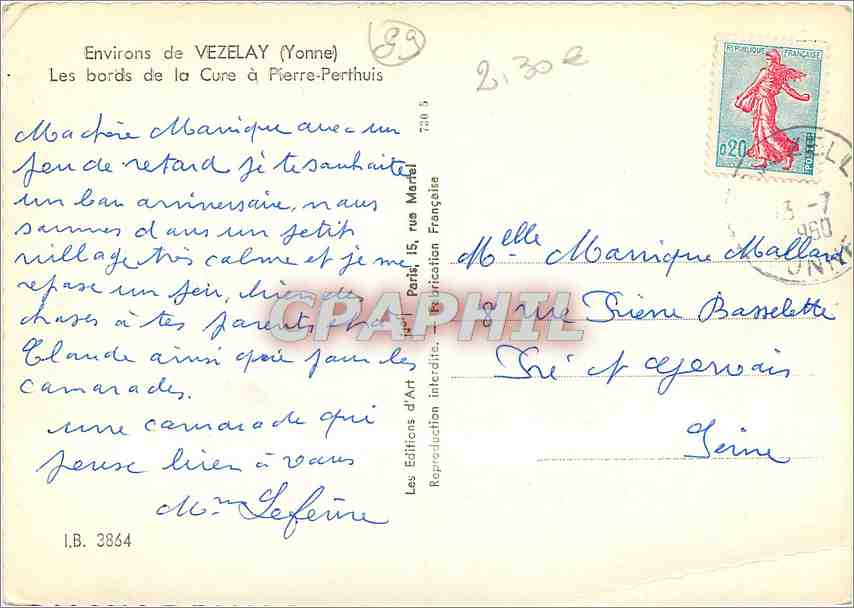 Environs de Vézelay (Yonne) — Les bords de la Cure à Pierre-Perthuis — Les Éditions d'Art, Paris — Rückseite